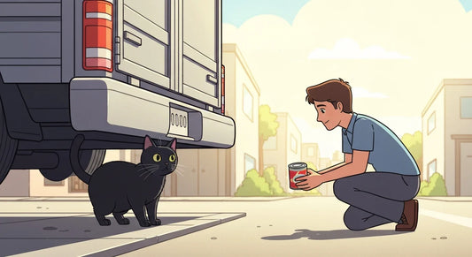 Cartoon black cat under a truck being offered food, illustration of a cat rescue scene.
