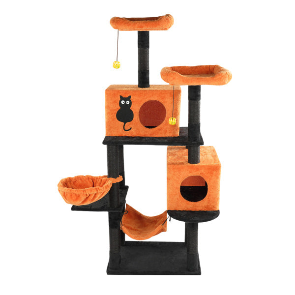 Halloween Cat Tree, Large Cat Tower With 2 Spacious Cat Condos, 2 Padded Perches, 2 Hammocks, Scratching Posts, Hanging Toy, Multi-Level Cat Activities Furniture For Large Cats, Orange & Black