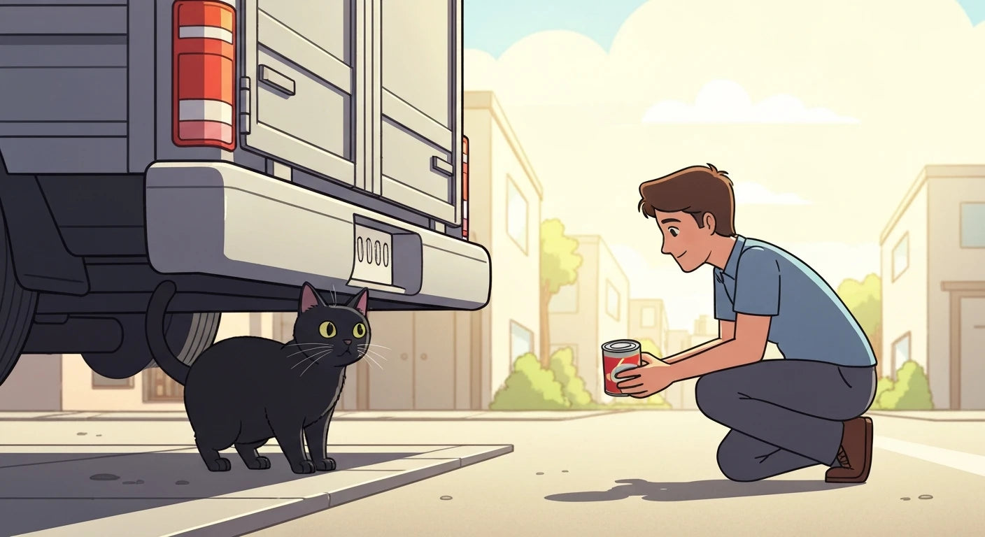 Cartoon black cat under a truck being offered food, illustration of a cat rescue scene.