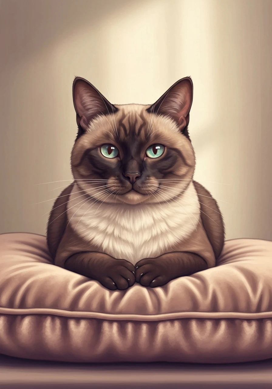 Cartoon black cat curled up in a soft bed, a picture of cozy cat comfort.