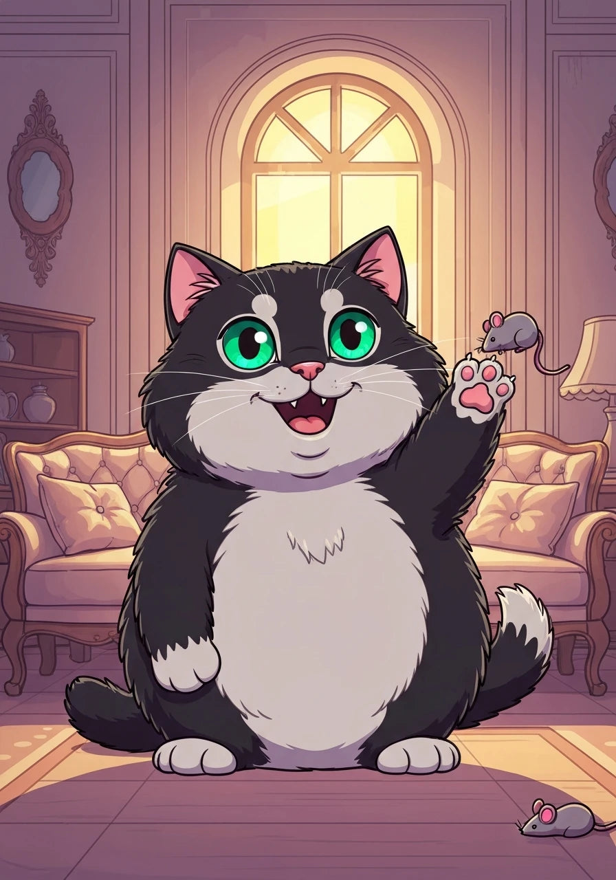 Cartoon black cat playing happily, a cute cat with a toy mouse on the floor.